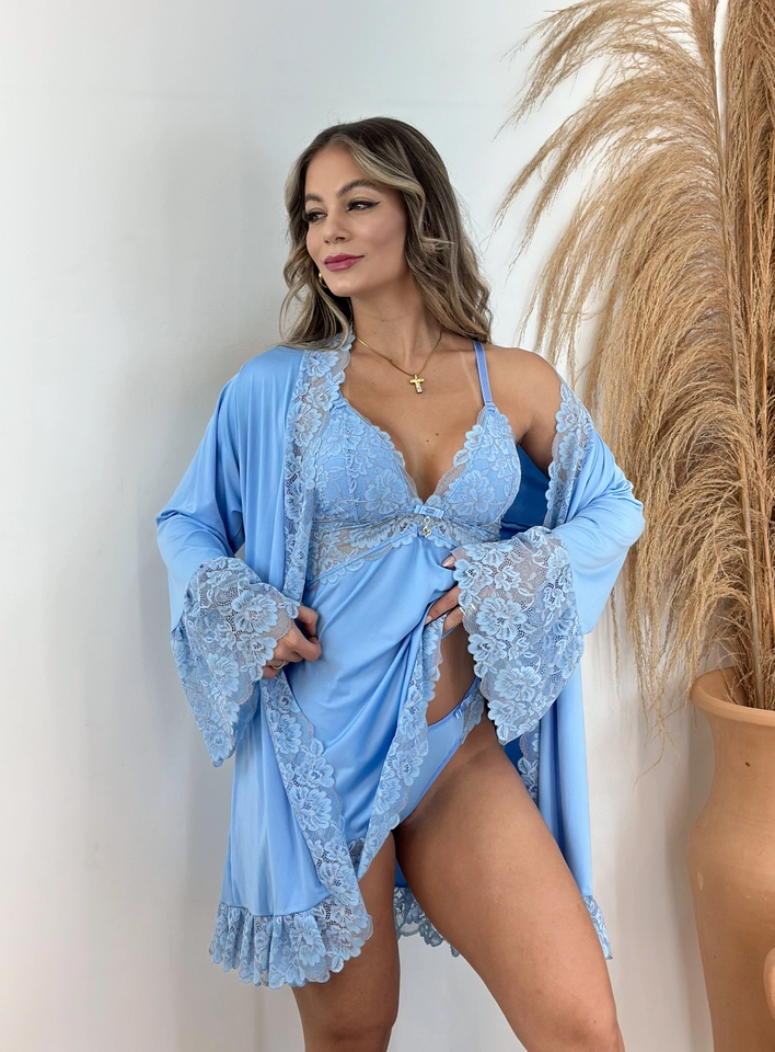 Kit Camisola com Calcinha e Robe Azul - 3