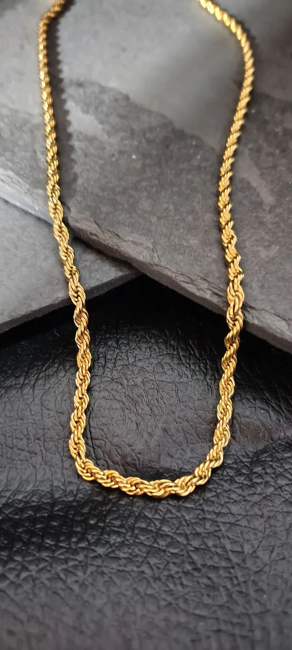 Corrente Masculina 58cm Cordão Baiano Fino - Corda Torcida Dourada - Aço Inoxidável
