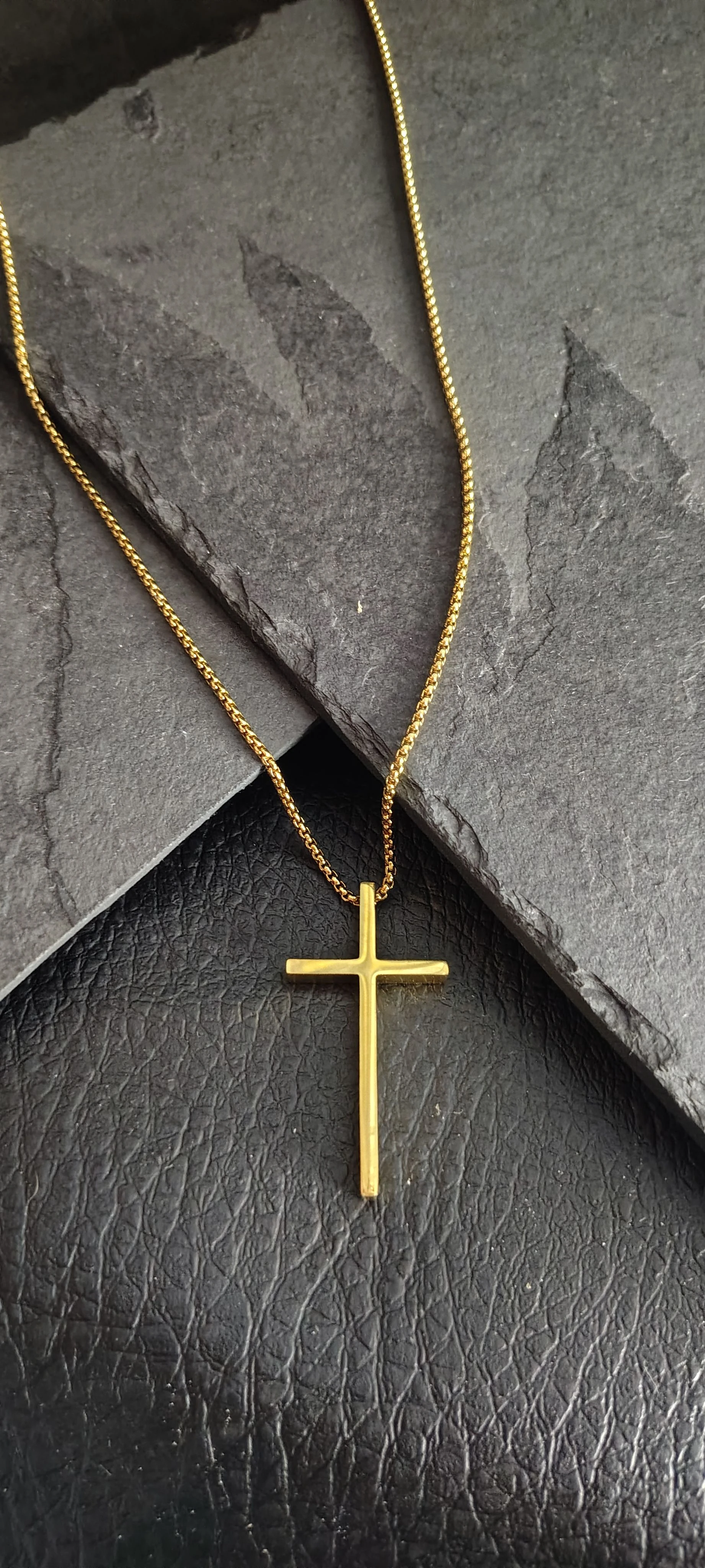 Colar Corrente veneziana + Pingente Cruz Quadrada Bloco 5cm - Aço Inoxidável Dourado SANSKULL - 1
