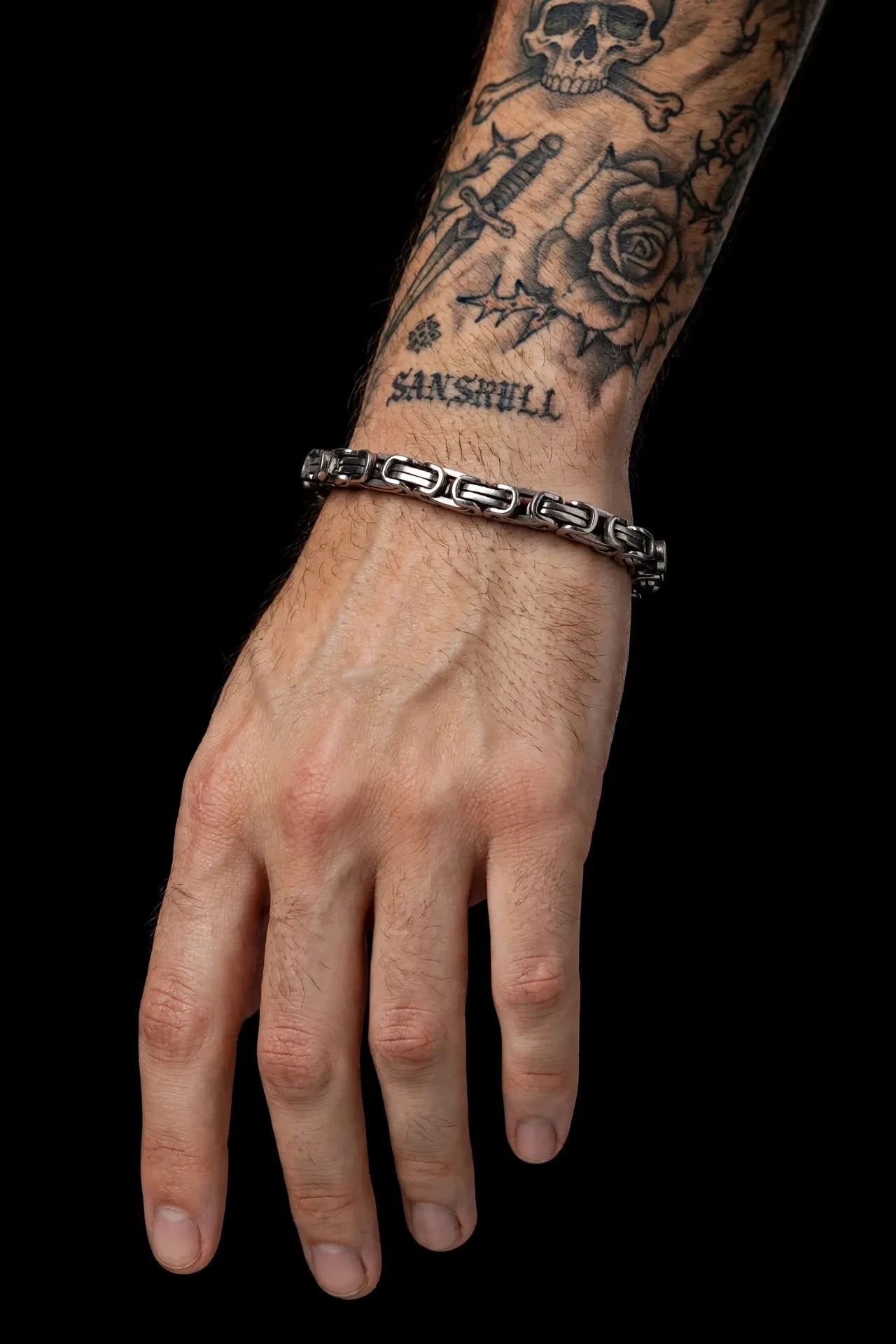 Pulseira Masculina Corrente Bizantina Prata - Elo Rei Grosso 19cm - Aço Inoxidável - SANSKULL - 3