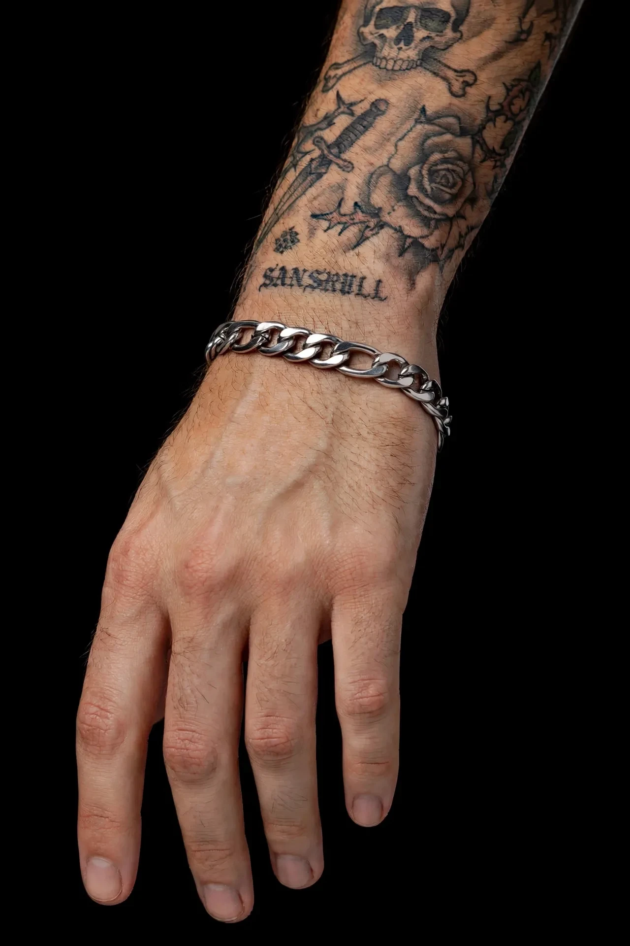 Pulseira Masculina Corrente Fígaro 20cm - Elo Italiano 3x1 Prata - Aço Inoxidável - SANSKULL - 3