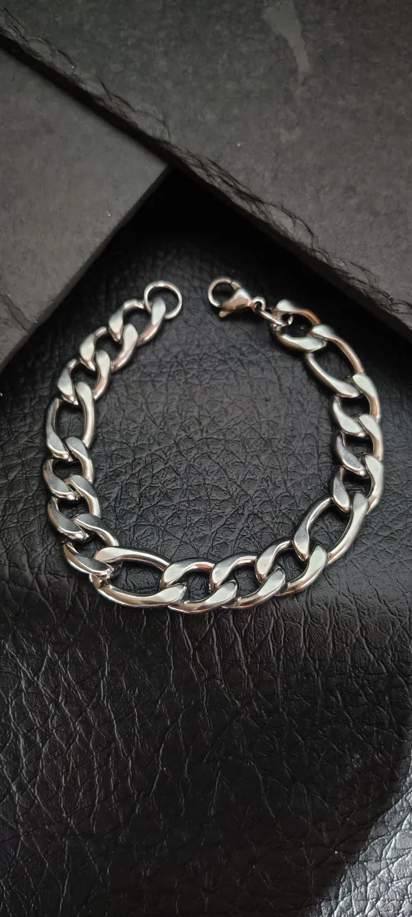 Pulseira Masculina Corrente Fígaro 20cm - Elo Italiano 3x1 Prata - Aço Inoxidável - SANSKULL