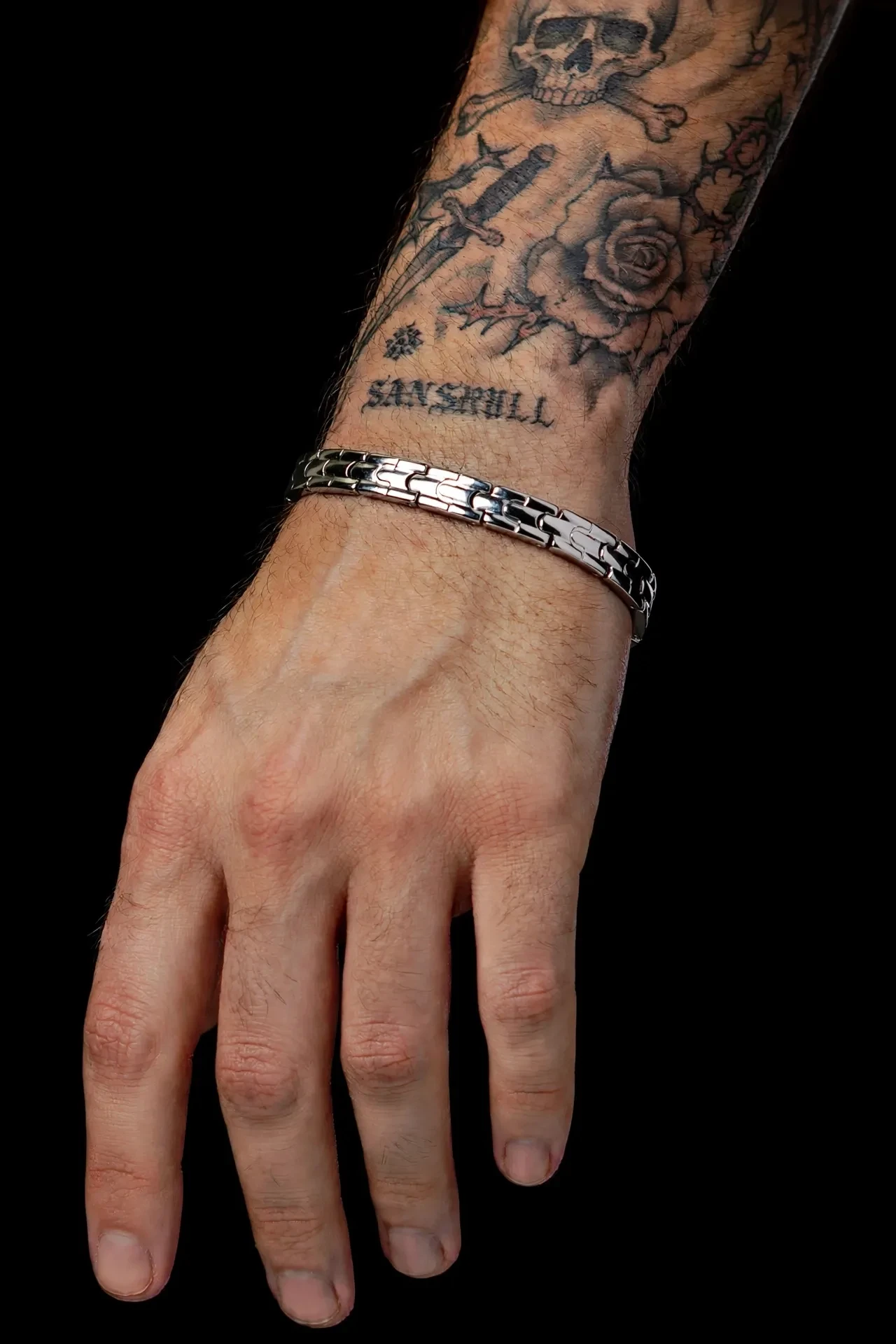 Pulseira Masculina Articulada Escama 18cm - Bracelete Rígido Plano Aço Inoxidável Prata - SANSKULL - 3