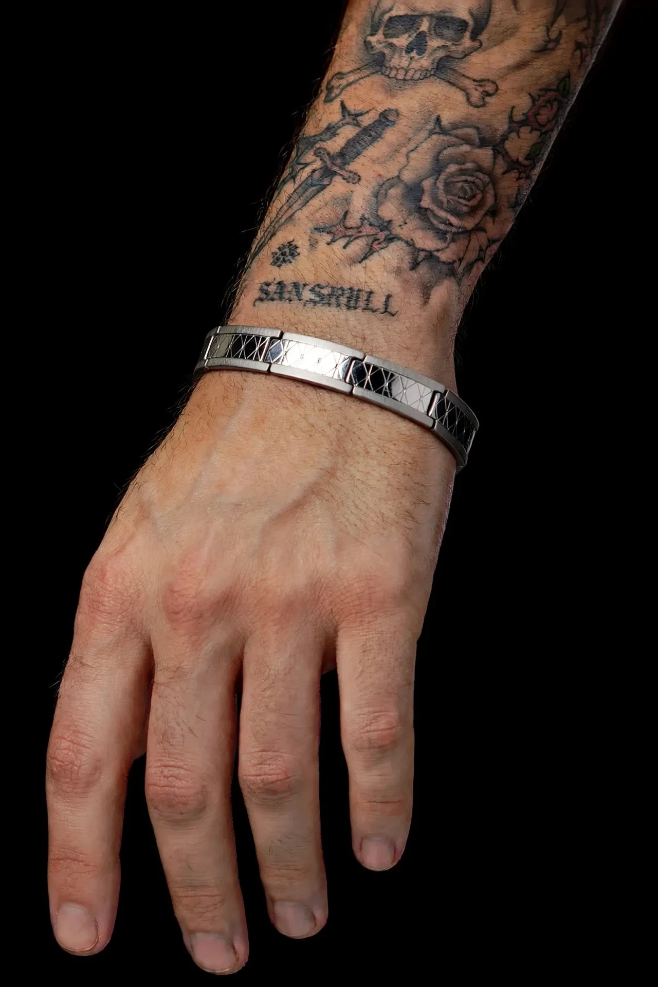 Pulseira Masculina Placa Diamantada 20cm - Durinha Xadrez Bracelete Aço Inoxidável Prata - SANSKULL - 3