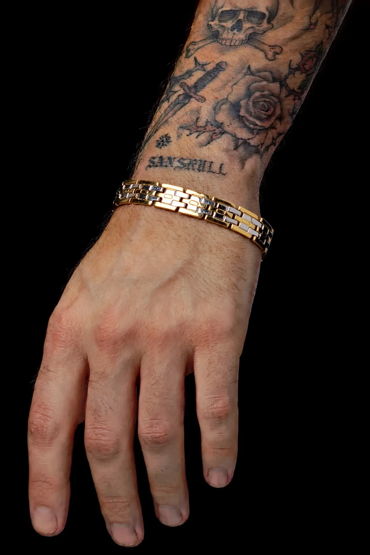 Pulseira Masculina Tijolinho Bicolor 20cm - Bracelete Rolex Aço Inoxidável Dourado e Prata - SANSKULL - 3