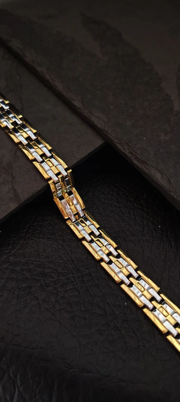 Pulseira Masculina Tijolinho Bicolor 20cm - Bracelete Rolex Aço Inoxidável Dourado e Prata - SANSKULL - imagem 2