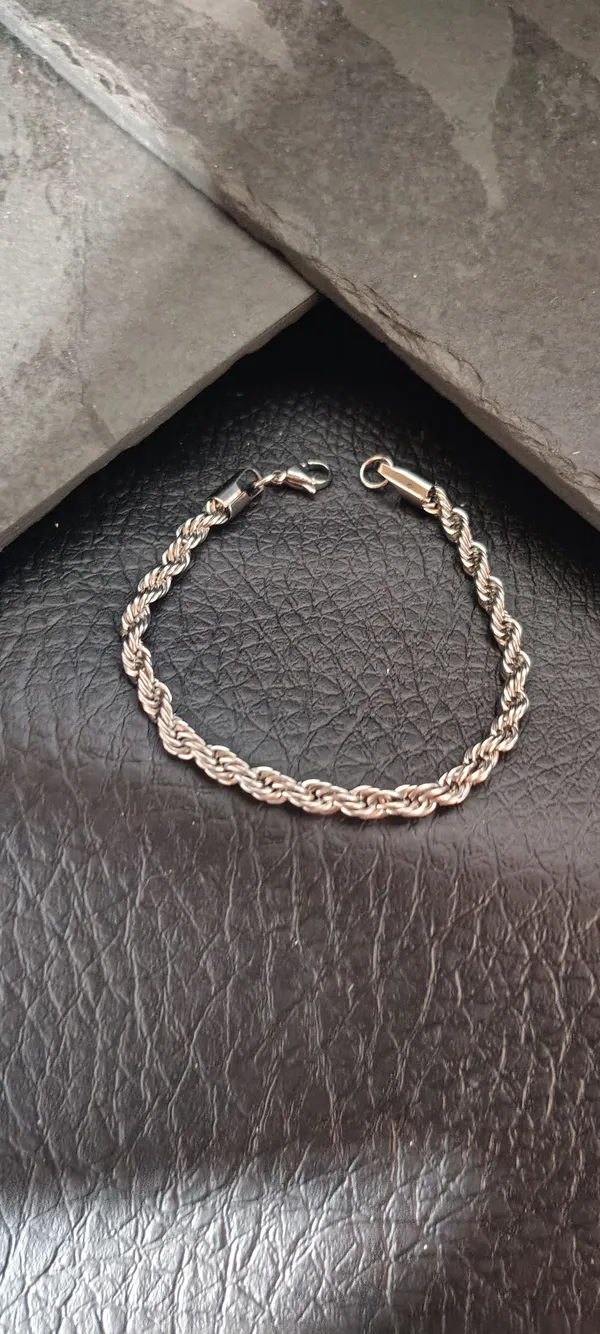 Pulseira Masculina Corda Torcida 21cm - Rope Prata Aço Inoxidável - SANSKULL