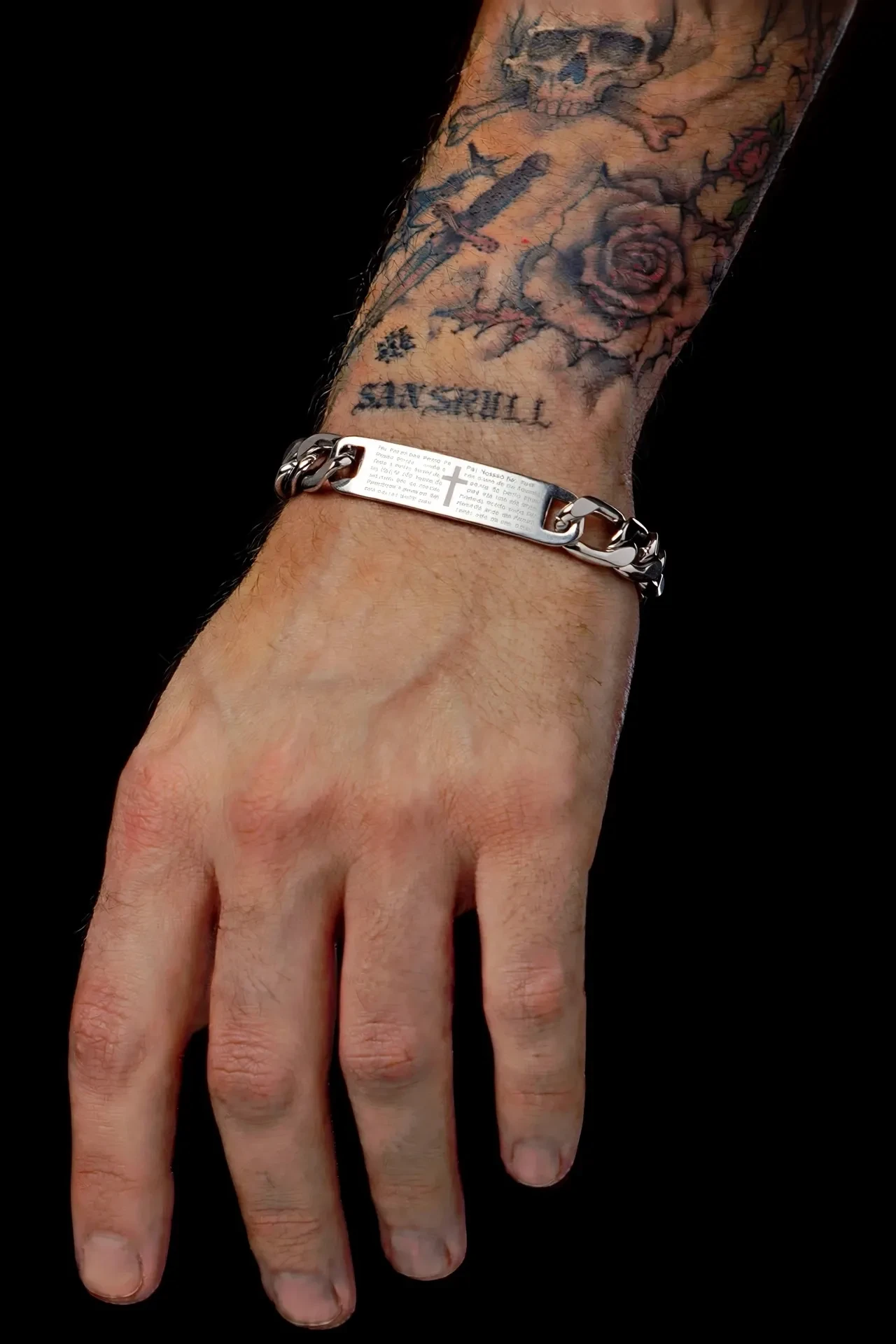 Pulseira Masculina Grumet Placa Pai Nosso Cruz 21cm - Aço Inoxidável Prata - SANSKULL - 3