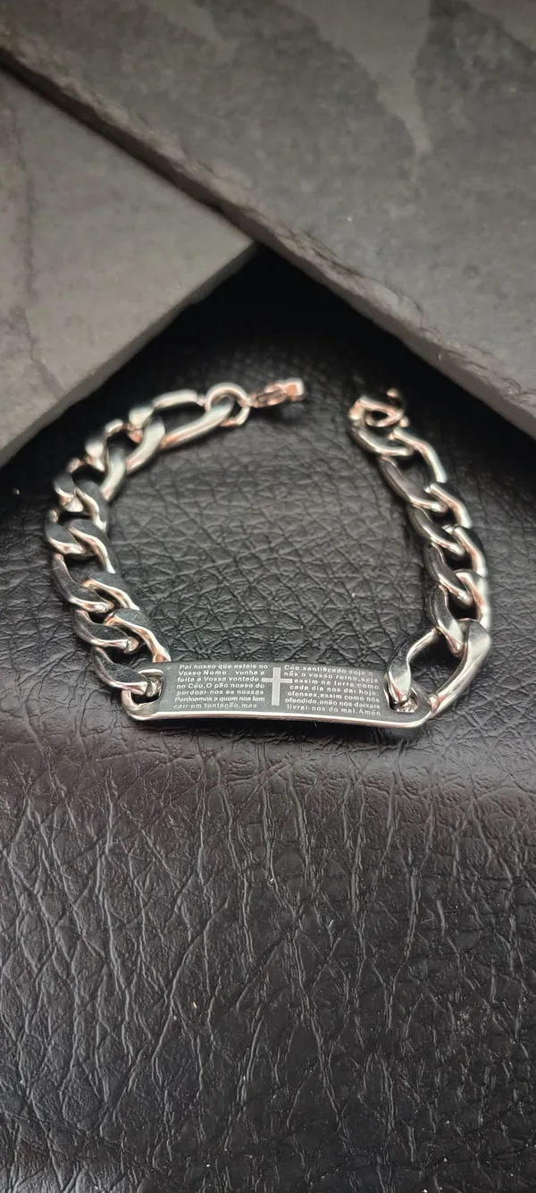 Pulseira Masculina Grumet Placa Pai Nosso Cruz 21cm - Aço Inoxidável Prata - SANSKULL