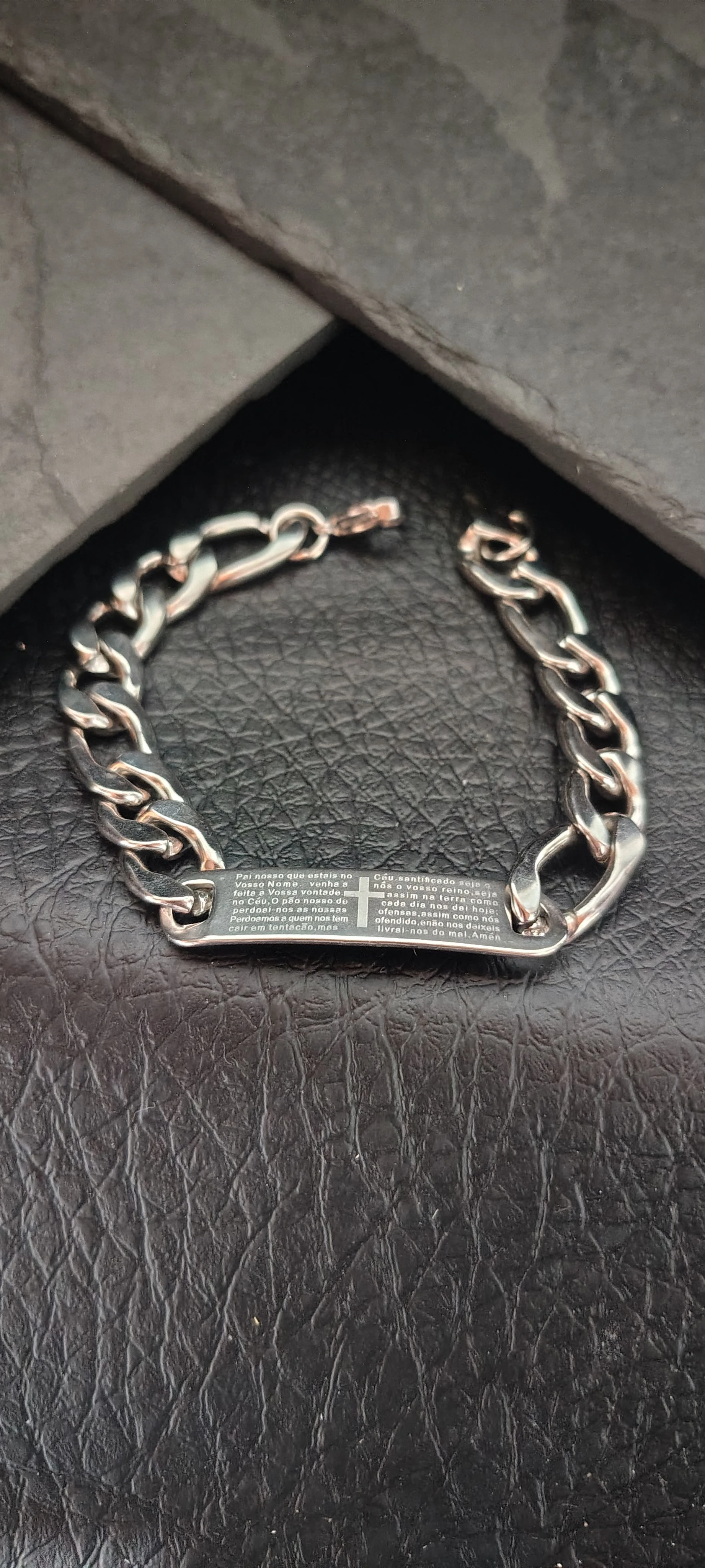 Pulseira Masculina Grumet Placa Pai Nosso Cruz 21cm - Aço Inoxidável Prata - SANSKULL - 1
