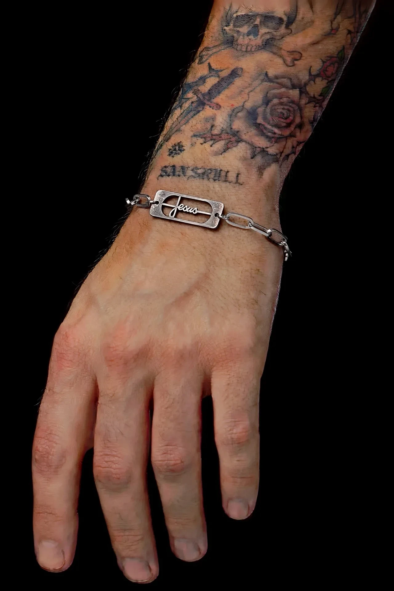 Pulseira Masculina Jesus 19cm Prata Aço Inoxidável Fé Cristã Masculina - 3