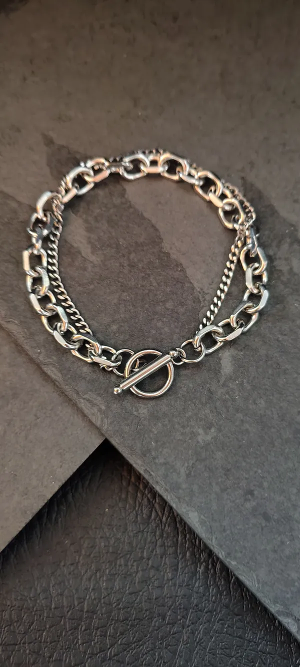 Pulseira Masculina Dupla Corrente 21cm - Cuban Grossa + Fina Prata - Fecho Toggle T - Aço Inoxidável - SANSKULL