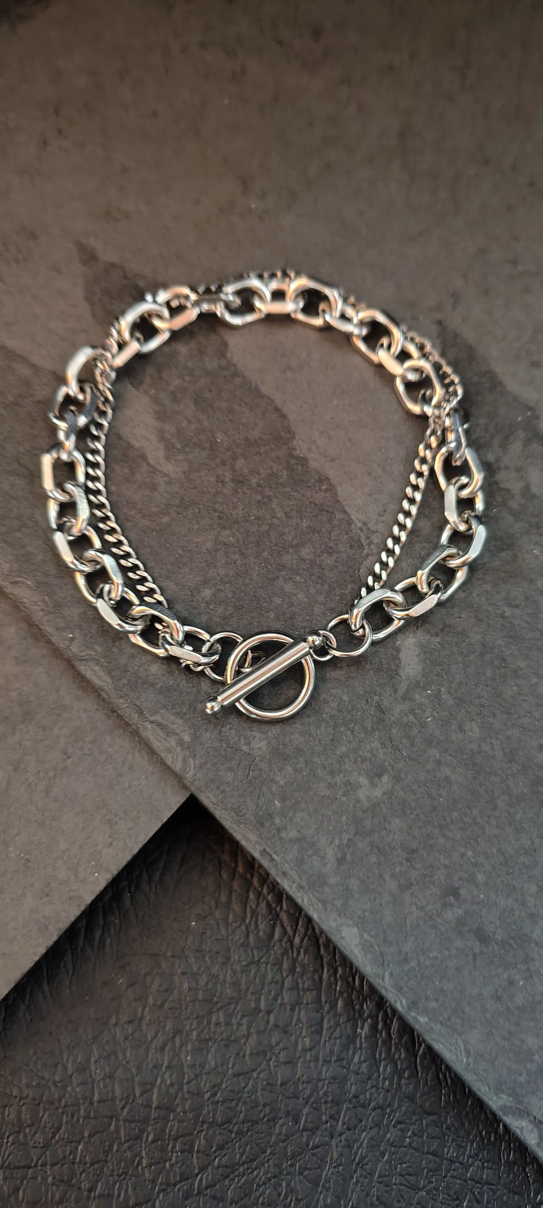 Pulseira Masculina Dupla Corrente 21cm - Cuban Grossa + Fina Prata - Fecho Toggle T - Aço Inoxidável - SANSKULL - 1