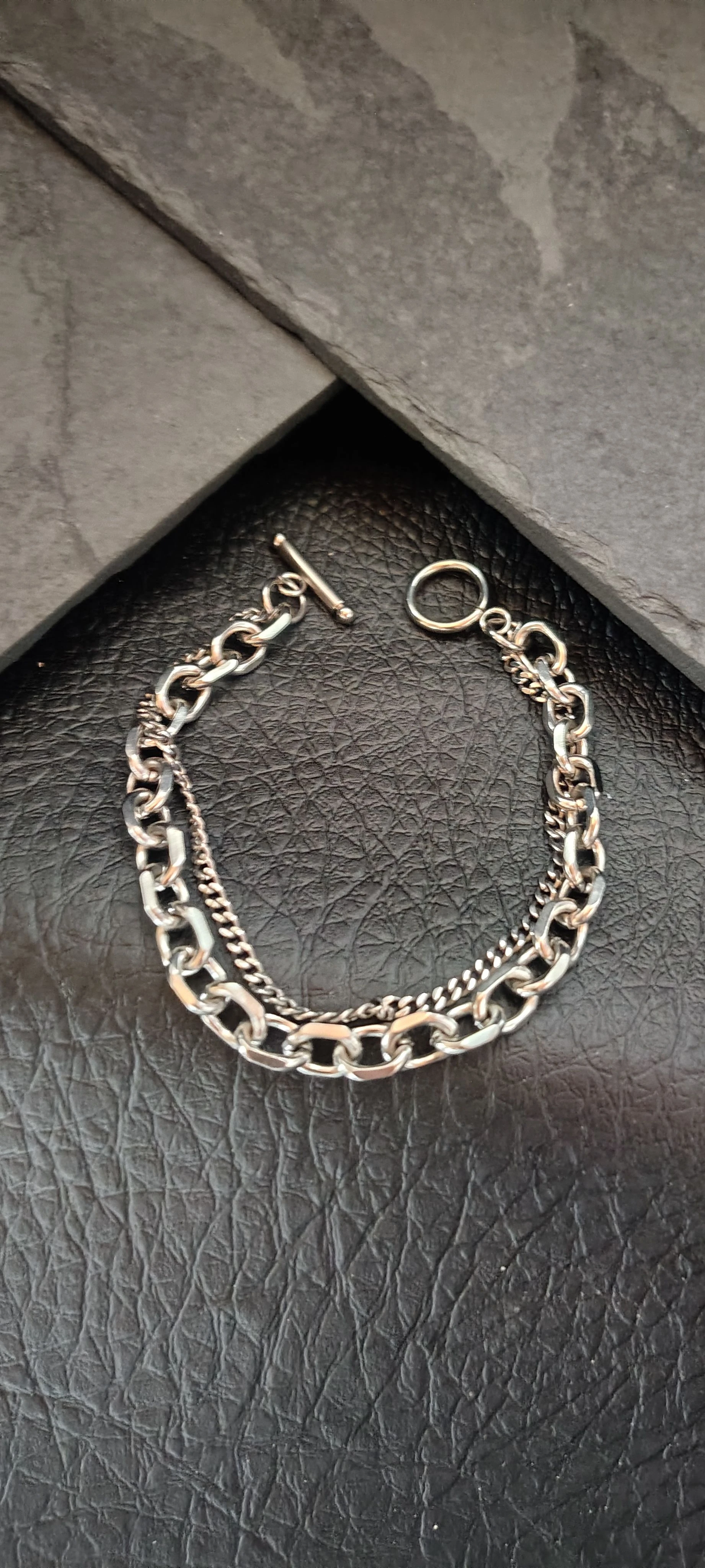 Pulseira Masculina Dupla Corrente 21cm - Cuban Grossa + Fina Prata - Fecho Toggle T - Aço Inoxidável - SANSKULL - 2