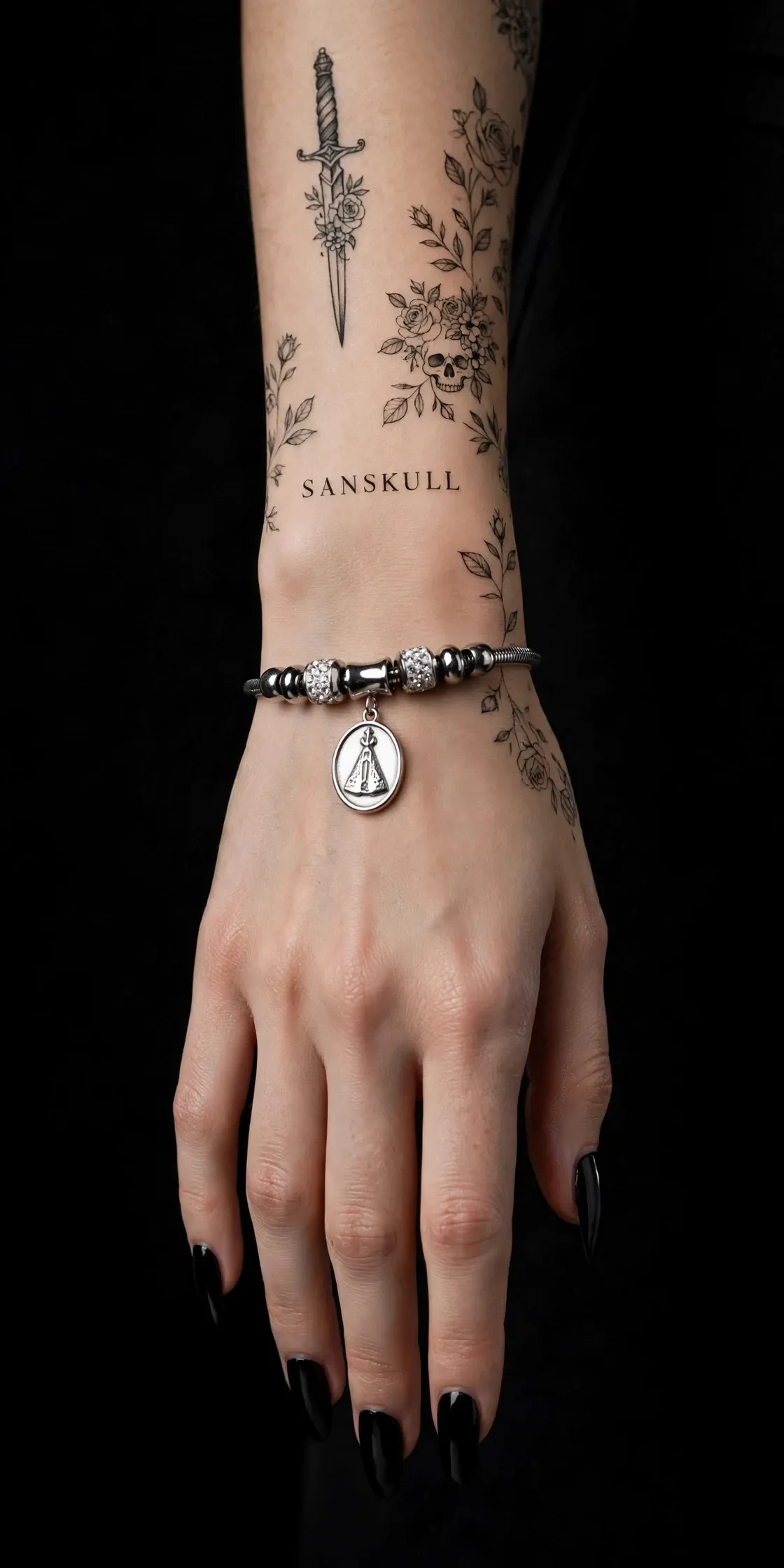 Pulseira Feminina Nossa Senhora Aparecida 19cm Prata - Medalha 1,5cm Dupla Face - Berloqueira Cobra com Zircônia - Aço Inoxidável - SANSKULL - 4