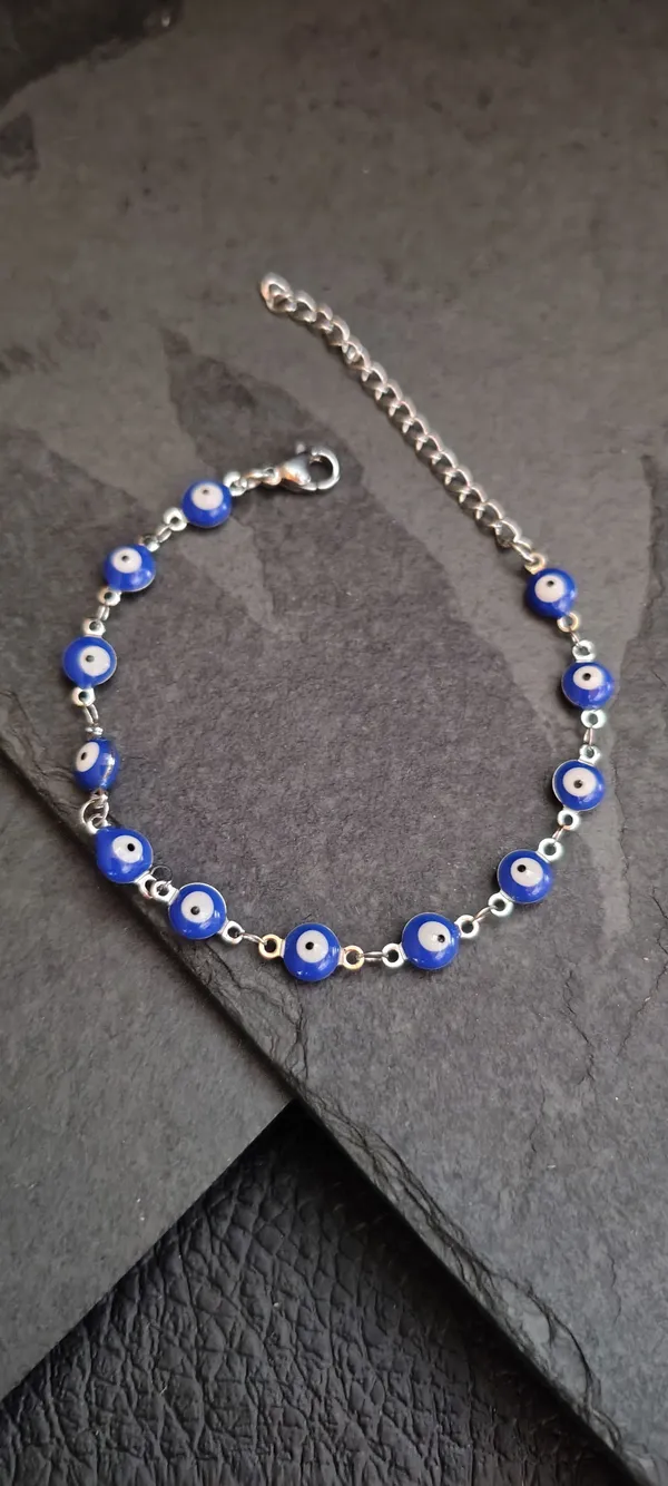 Pulseira Feminina Olho Grego Azul 16cm + Extensor 5cm - Proteção Contra Mau Olhado - Aço Inoxidável - SANSKULL