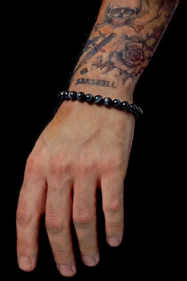 Pulseira Olho de Falcão Midnight 8mm | Elástica Unissex Minimalista SANSKULL