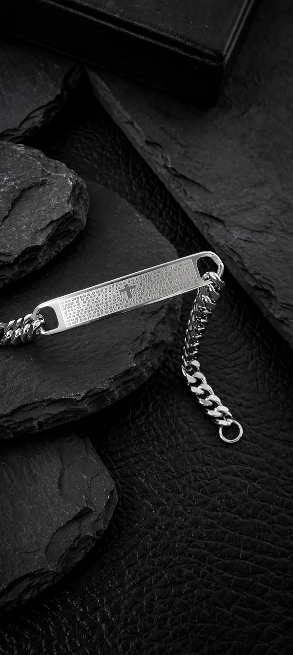 Pulseira Pai Nosso 20cm Unissex Prata com Cruz - Elo Grumet Aço Inoxidável - imagem 2