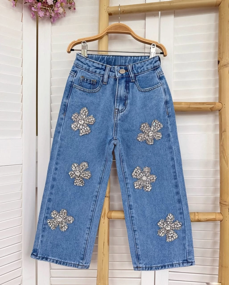 Calça jeans flor de brilho 