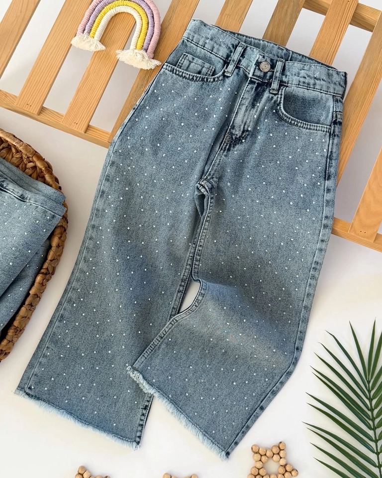 Calça jeans wide leg brilho 