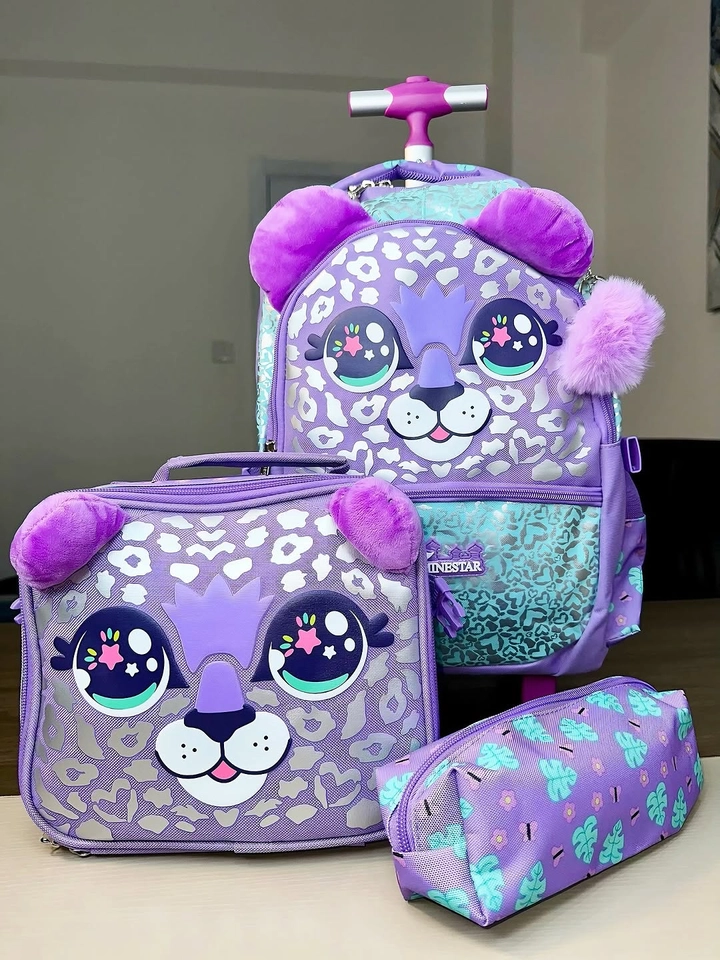 Kit mochila escolar 3 peças ursa lilás 