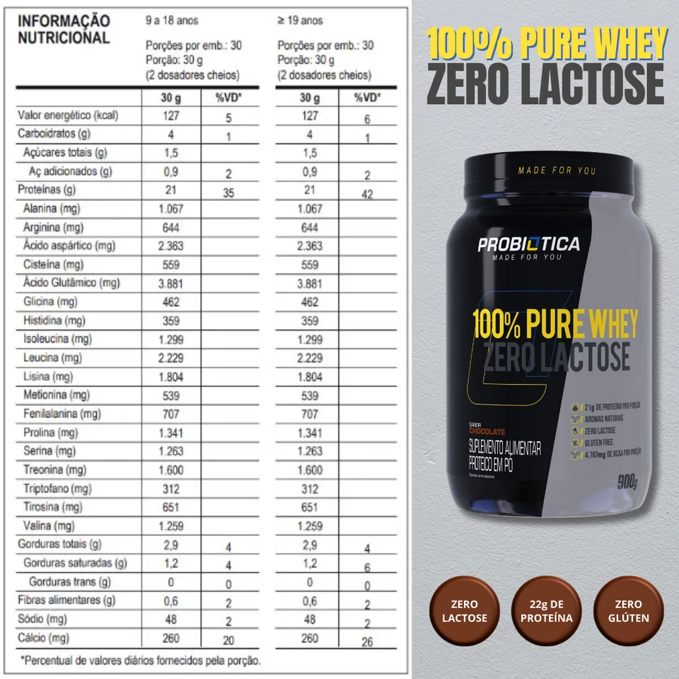 100% Pure Whey Zero Lactose 900g - Probiótica - 2