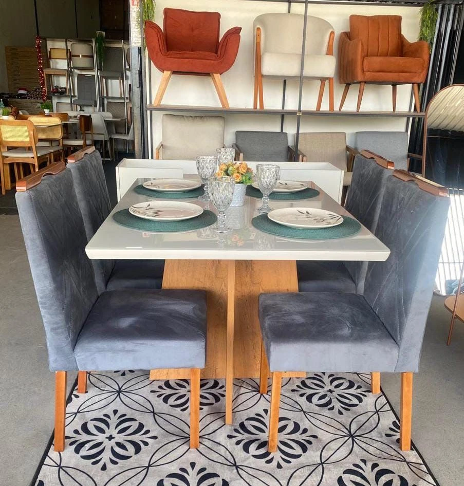 MESA ALICE 120 x 90 C/ 4 CADEIRAS OLGA VELUDO CINZA EM MADEIRA - 3