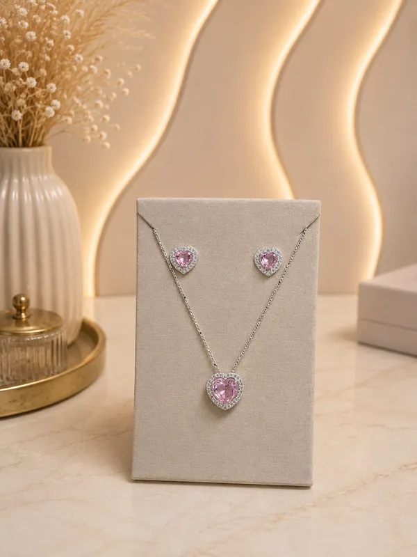 Conjunto coração na cor rosa, na corrente veneziana de  45cm