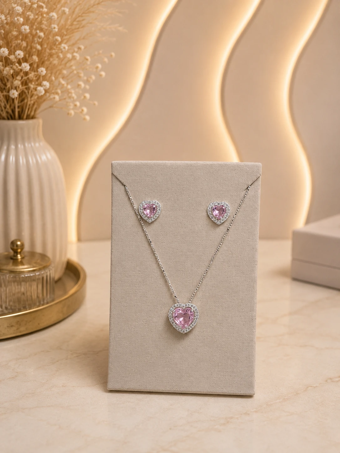 Conjunto coração na cor rosa, na corrente veneziana de  45cm - 1