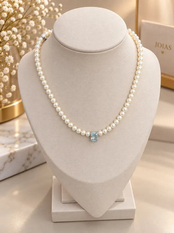 Colar de pérolas com pingente zircônia 45cm