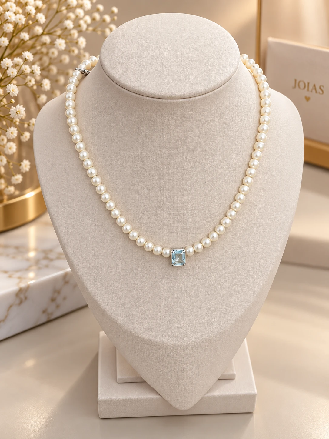 Colar de pérolas com pingente zircônia 45cm - 1