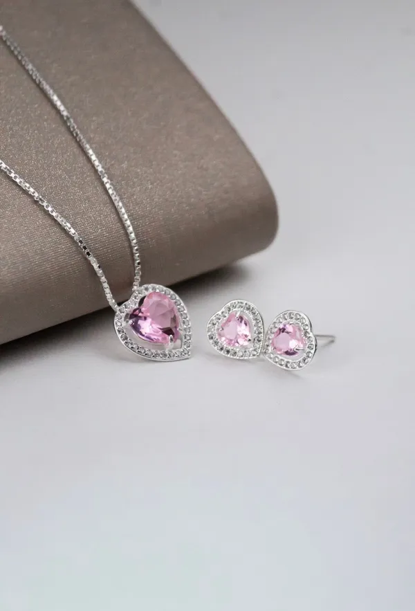 Conjunto coração na cor rosa, na corrente veneziana de  45cm