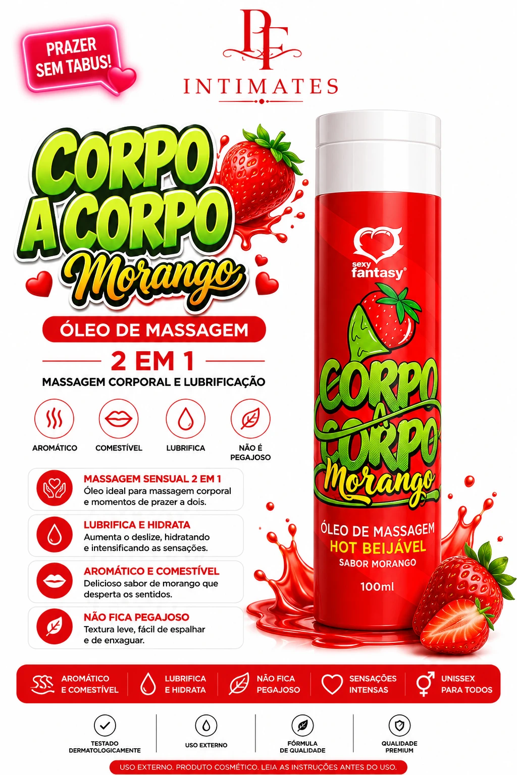 ÓLEO PARA MASSAGEM 2 EM 1 MORANGO  - 1