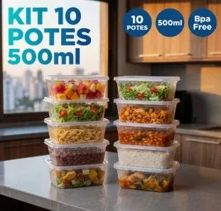 Kit 10 Potes 500ml Transparente Plástico Com Tampa De Encaixe Para Alimentos Marmita Fitness Reutilizável Apto Micro-ondas E Lava-louças Cozinha Geladeira Guardar Comida Ponte Lar Utilidades