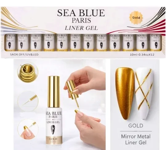 ✨ Esmalte Line em Gel Sea Blue Gold (Dourado) – Alta Pigmentação e Traço Fino para Nail Art Profissional ✨ - 1