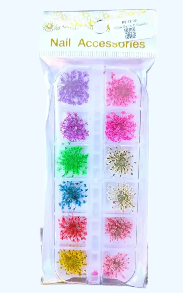 ✨ Estojo com Flores Secas para Unhas – 12 Slots com Cores Variadas