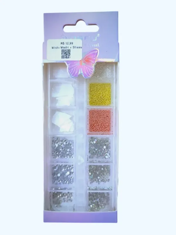 ✨ Kit de Decoração para Unhas DAFU – Estojo com 12 Slots (Madrepérola, Strass e Caviar)