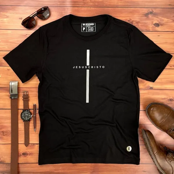 Camiseta Masculina Preta Cruz Prata Jesus Cristo