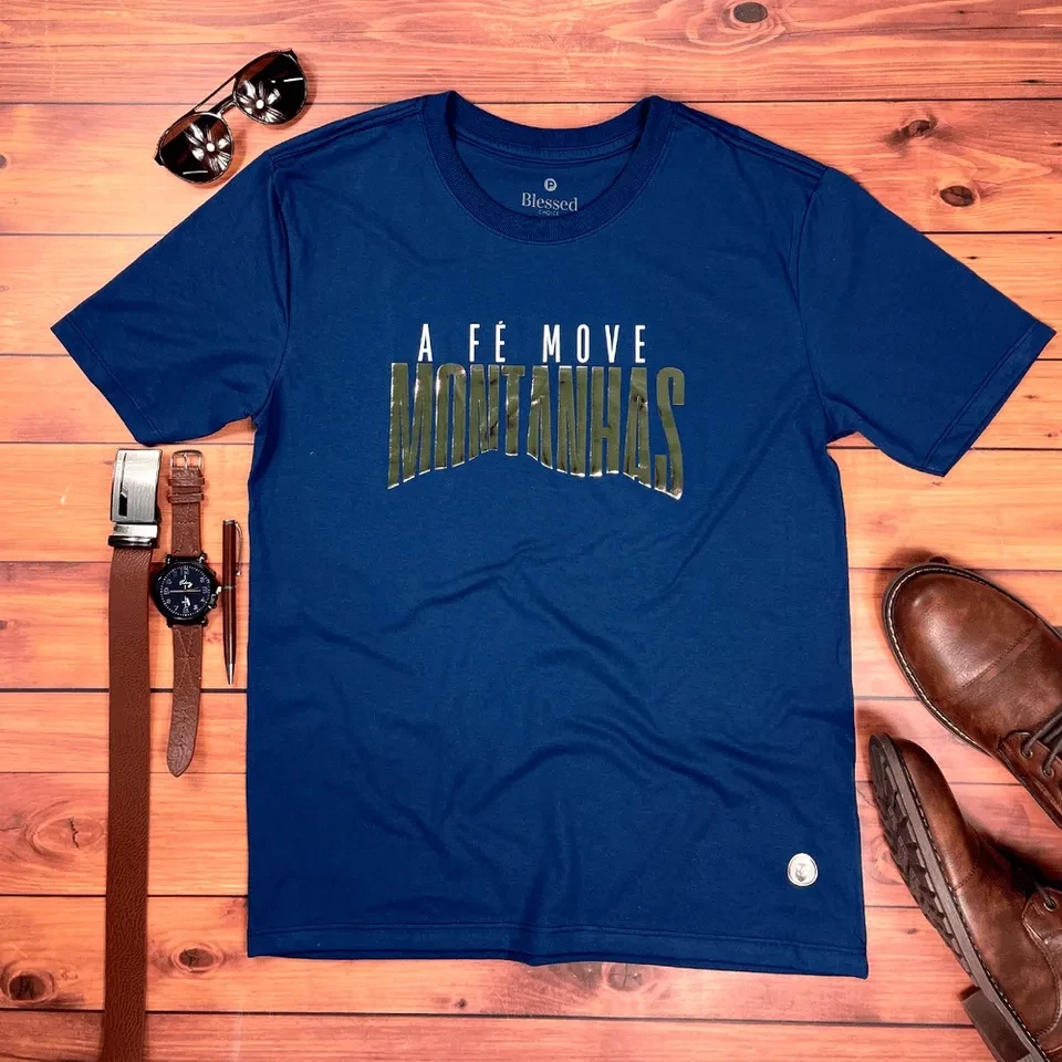 Camiseta Masculina Azul A fé Move Montanhas  - 1