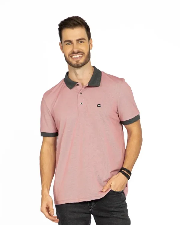 Camisa Polo Rosa Básica Pique Denim