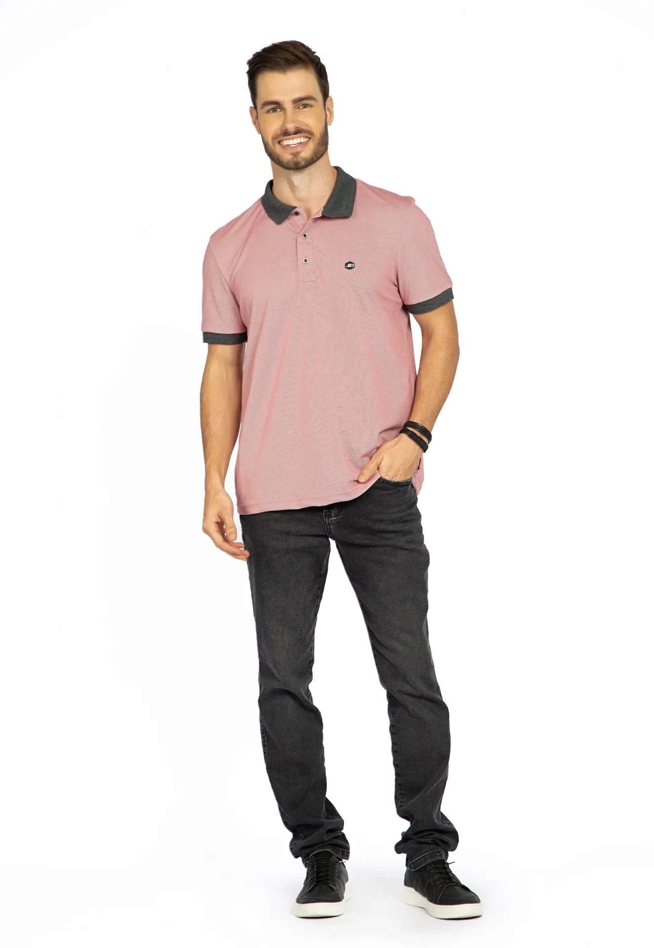 Camisa Polo Rosa Básica Pique Denim - 2