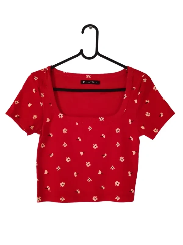 Croped Vermelho Com Estampa de Flores  - 1