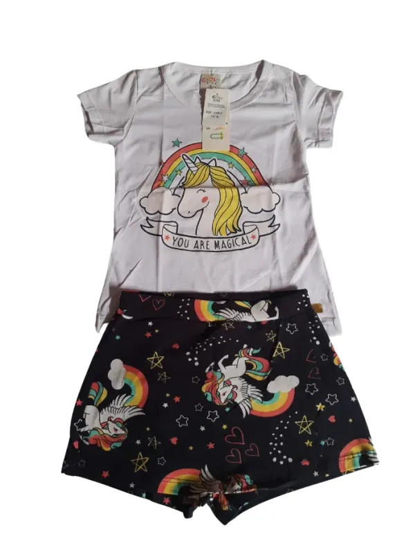 Conjunto Feminino Blusa Branca Desenho Unicórnio 6 Anos🦄