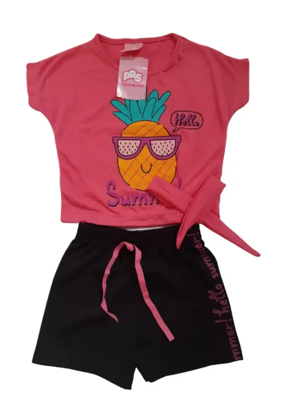 Conjunto Feminino Blusa Rosa Desenho Abacaxi