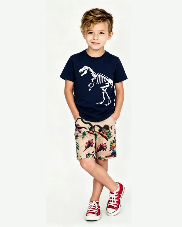 Conjunto Masculino Camiseta Azul Marinho Dinossauro