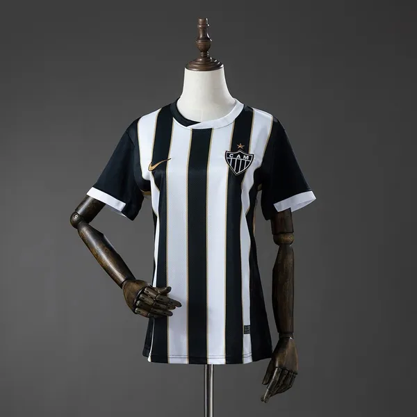 Camisa Atlético Mineiro I 26/27 - Torcedor Nike Feminina - Preta e branca com listras douradas