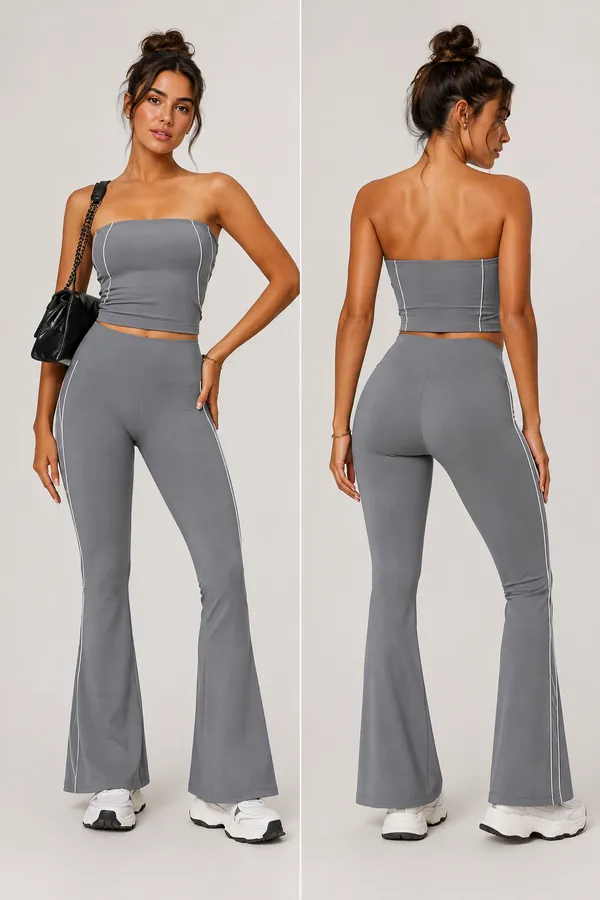 Conjunto calça flare e cropped tomara que caia