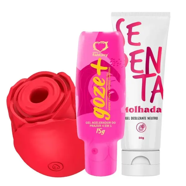 KIT COM GOZE + ACELERADOR ROSA ESTIMULADORA DE CLITÓRIS E SEDENTA MOLHADA GEL