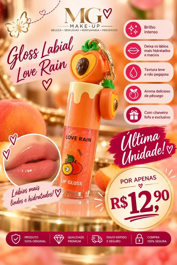 Gloss Labial Love Rain Pêssego com Chaveiro