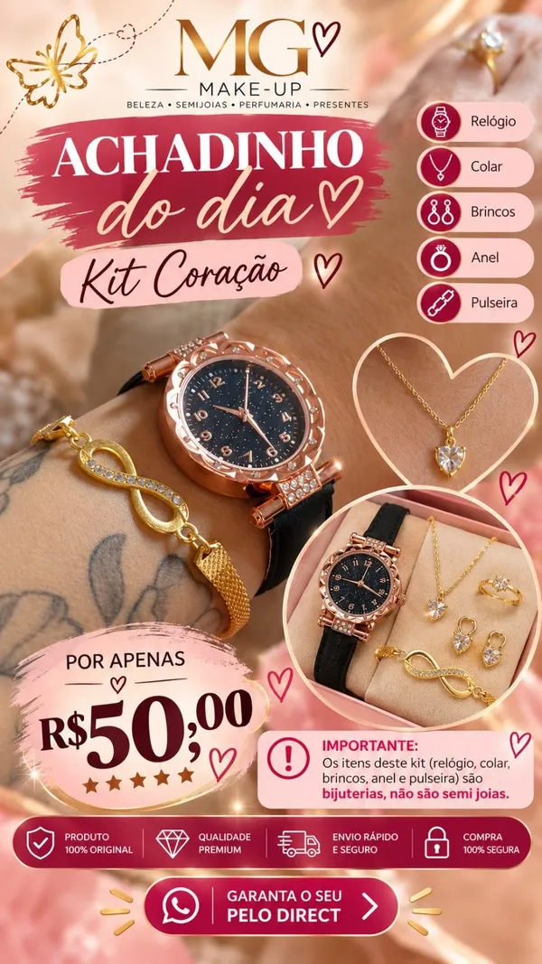 Kit de Acessórios Coração com Relógio Preto